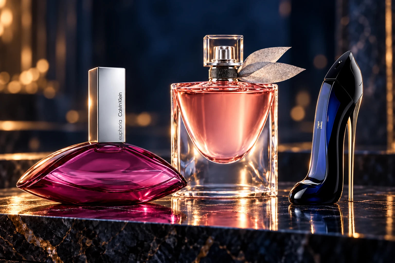 Trzy perfumy w wieczorowej aranżacji z ciepłym światłem